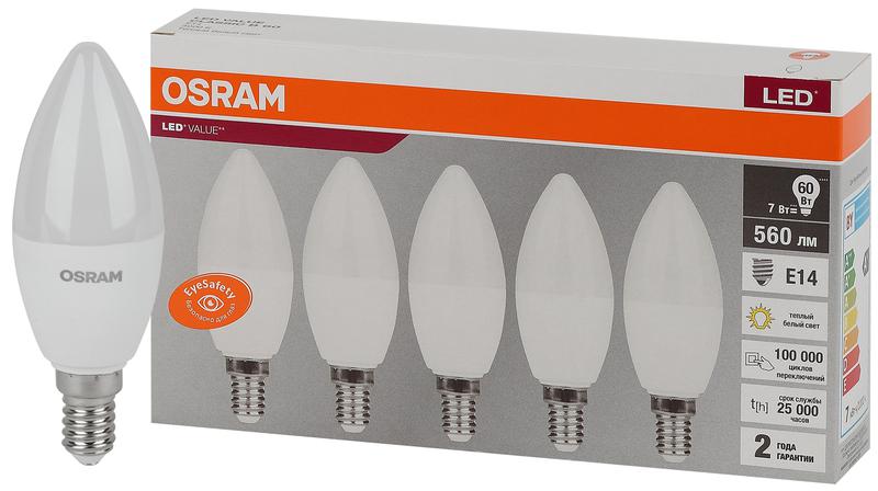 Лампа светодиодная LED Value LVCLB60 7SW/830 свеча матовая E14 230В 2х5 RU (уп.5шт) OSRAM 4058075577923